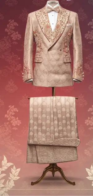 beige bohemian suit with floral embroidery