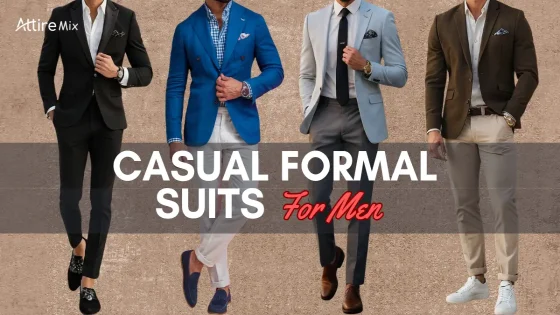 Four men in casual formal suits with varying styles and colors for modern wear.