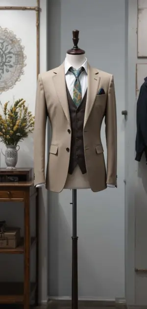 Light beige suit jacket with dark waistcoat, green patterned tie and pocket square on mannequin.
