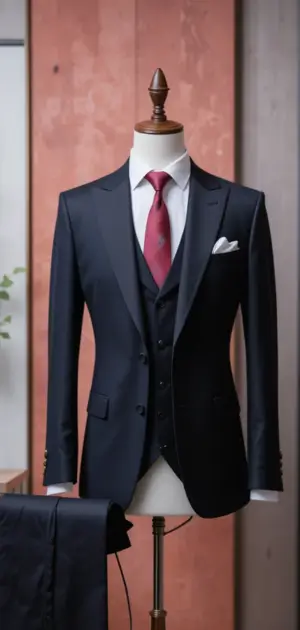 Classic black three-piece suit with vest, white shirt, red tie, and pocket square