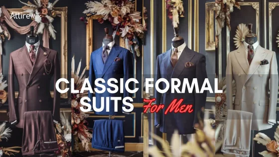 Classic formal suits for men displayed on mannequins in an elegant setting