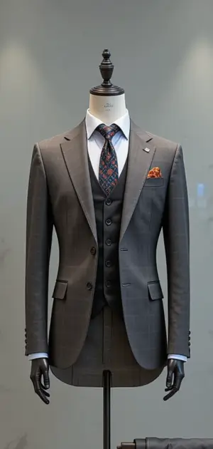 Charcoal gray three-piece suit with floral tie and orange pocket square on mannequin with hands.