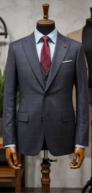 Tailored gray windowpane suit with vest, white shirt, and burgundy tie on mannequin