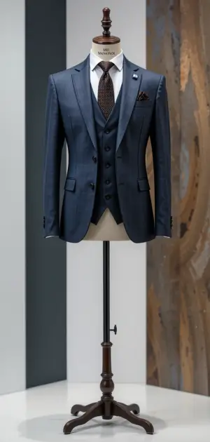 Dark blue three-piece suit with patterned tie and pocket square displayed on wooden stand.