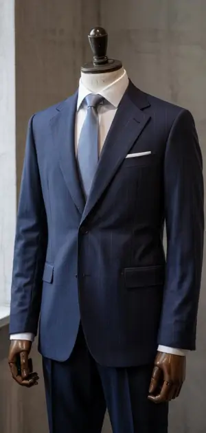 Navy blue business suit on mannequin with white shirt and pocket square