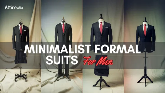 A minimalist black formal suit with red tie, displayed on a sleek mannequin at modern stand