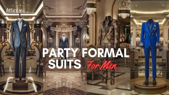 Selection of party formal suits for men in various styles and luxurious settings