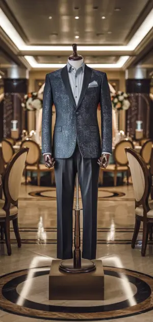 Shimmery black blazer with silver details, displayed in a formal setting