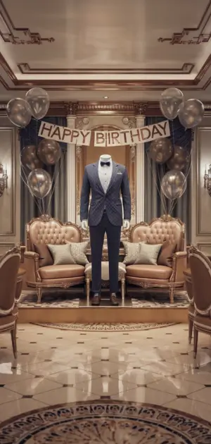 Navy suit with a white bowtie displayed in a birthday-themed setting