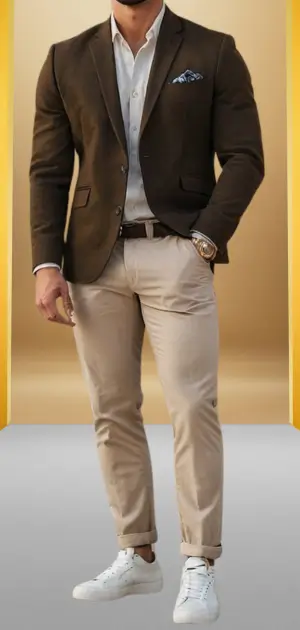 Man wearing a brown blazer, beige pants, and white sneakers in a stylish outfit.