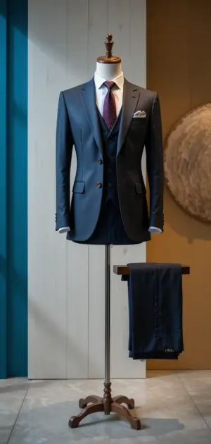 Navy blue three-piece suit with matching trousers, white shirt, and purple patterned tie