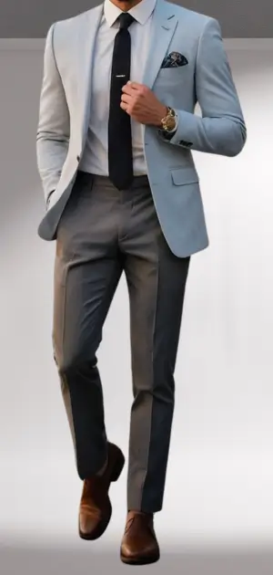Man in a light blue blazer, gray pants, and brown shoes styled for casual formal attire.