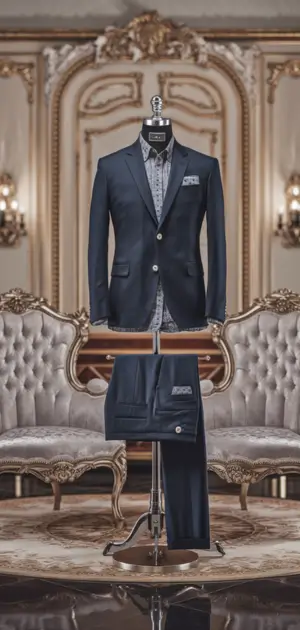 Blue formal streetwear suit displayed on a mannequin