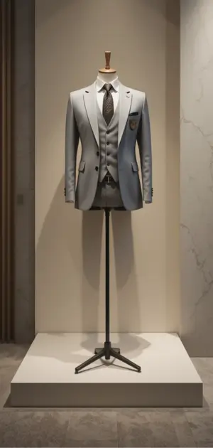 Elegant light gray three-piece suit with textured tie displayed on platform mannequin