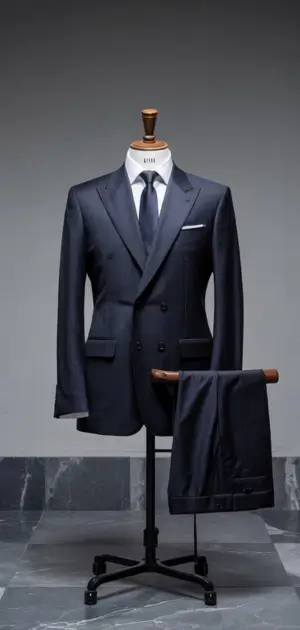Classic navy double-breasted suit with white shirt and matching tie on display stand