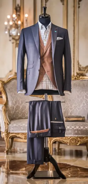 Navy blue formal suit with a copper-toned vest and checkered shirt on a mannequin."