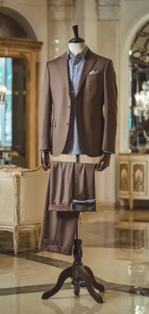 Light brown formal suit paired with a blue shirt, displayed in a luxurious interior