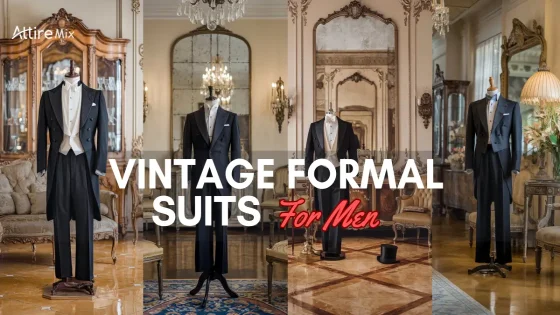 Collection of vintage formal suits for men featuring classic tailcoats and elegant styles
