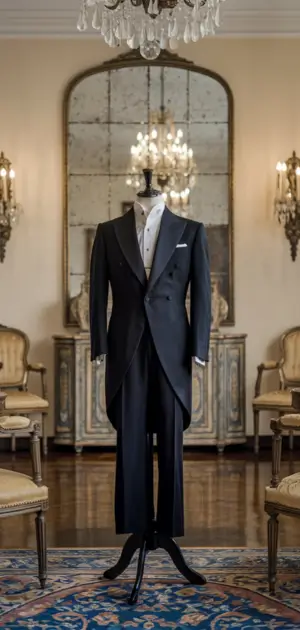 Vintage formal suit displayed in an elegant room with ornate mirrors and classic furniture