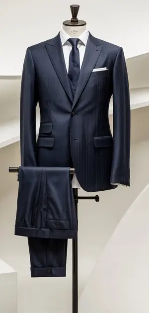 Traditional navy pinstripe three-piece suit with white shirt and blue tie on display