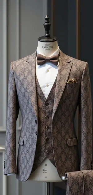 Luxury patterned taupe three-piece suit with matching bow tie and pocket square on mannequin.