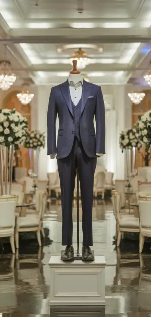 Classic blue formal suit with a white shirt and bowtie, displayed in an elegant setting
