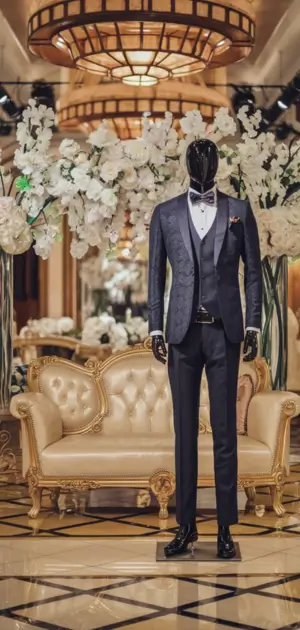Patterned blue suit with a waistcoat and bowtie, showcased in a grand interior