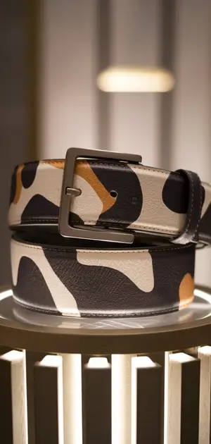 Men's belt with unique abstract design on stand