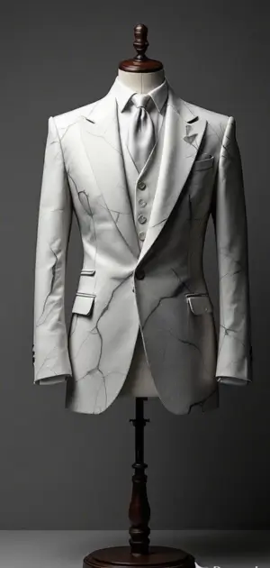 A white abstract-patterned blazer with a matching vest and tie on a mannequin