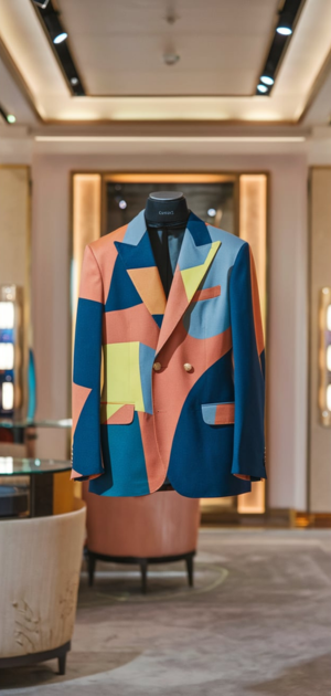 Colorful abstract-patterned blazer displayed in a luxury store