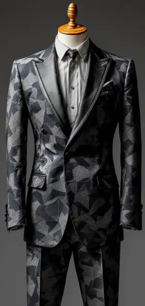 A black blazer with geometric abstract patterns, satin lapels, and a grey shirt on a mannequin