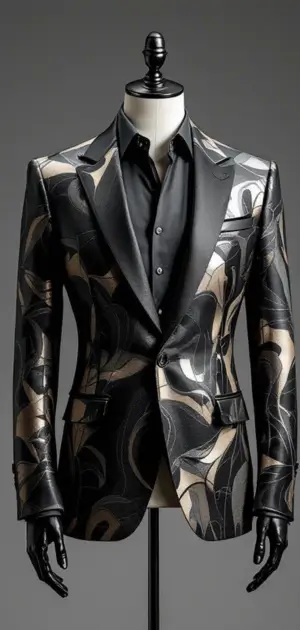 A black blazer with fluid abstract patterns in beige and grey, paired with a black shirt