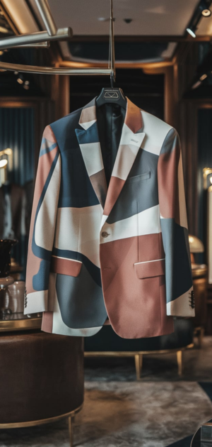 Pastel-colored abstract blazer on display in a high-end store