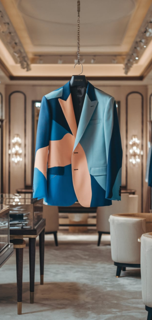 Bold blue and orange abstract blazer in a sophisticated boutique