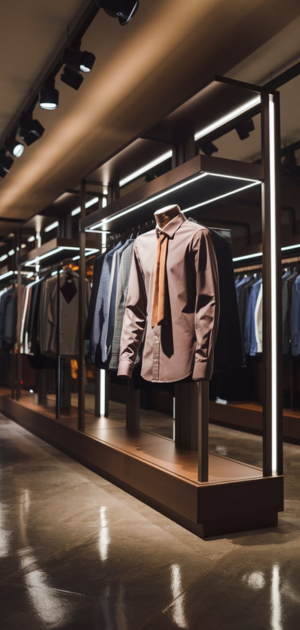 Shelves with formal shirts and suits in a stylish men’s clothing store