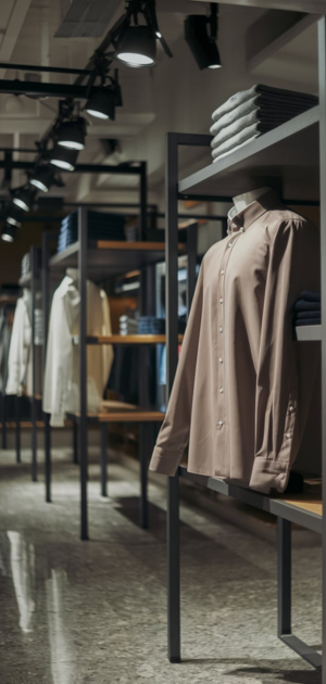 grey shirt on a hanger displayed under focused lighting in a modern store.