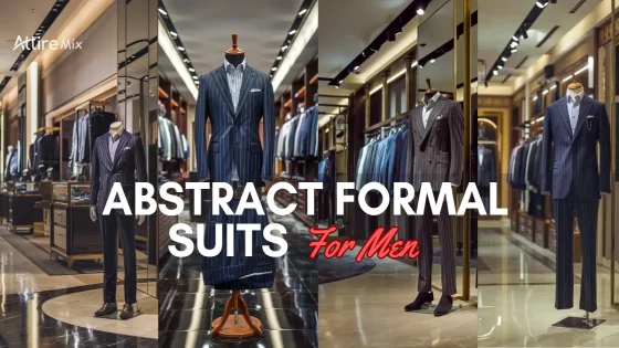 Stylish abstract formal suits for men displayed in a high-end store setting.