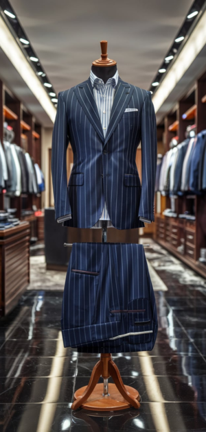 Navy striped suit with matching trousers displayed on a mannequin.