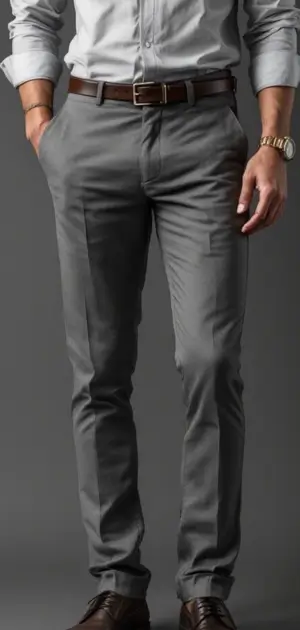 Man in mid-grey trousers with a light grey shirt, dark brown belt, and brown shoes.