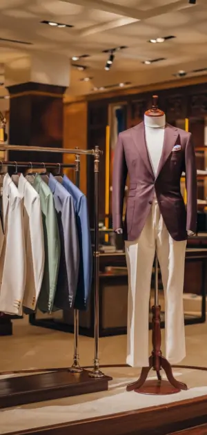 Stylish blazers and trousers on display in a premium clothing store