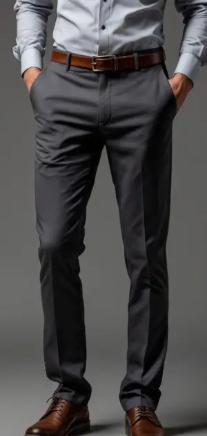 Man wearing charcoal grey trousers with a light blue shirt, brown belt, and brown dress shoes.