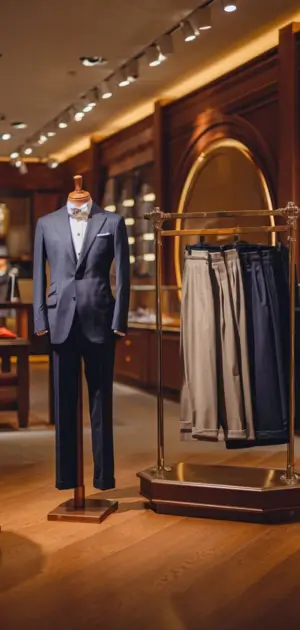 Navy blue suit with tailored pants in a sophisticated store setting