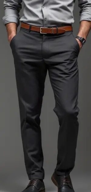 Man in dark grey trousers with a grey shirt, tan belt, and black dress shoes