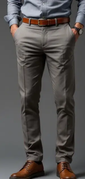Man wearing light grey trousers with a blue shirt, brown belt, and brown dress shoes.