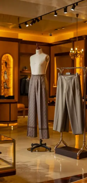 Beige and gray abstract-patterned pants displayed in a luxury clothing store