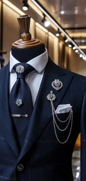 Navy textured suit with a patterned tie and detailed silver brooches displayed on a mannequin.
