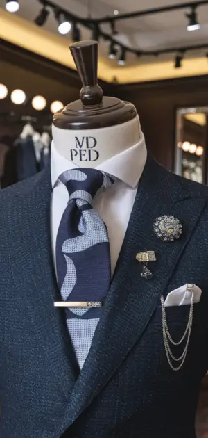 Single-breasted navy suit with a silver bow tie and pocket square, paired with matching accessories.
