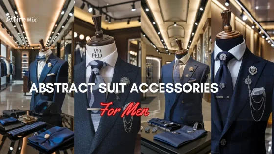 Collage of navy suits with Abstract Suit Accessories For men designs and matching accessories in a luxury store