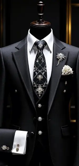 Black suit with a checkered black tie and floral silver brooch accents