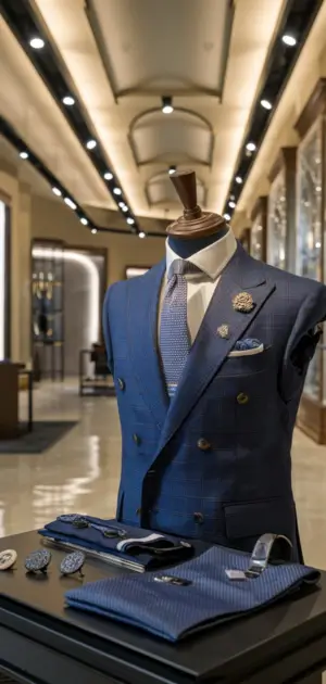 Navy double-breasted suit with a silver tie and matching accessories on display in a boutique.